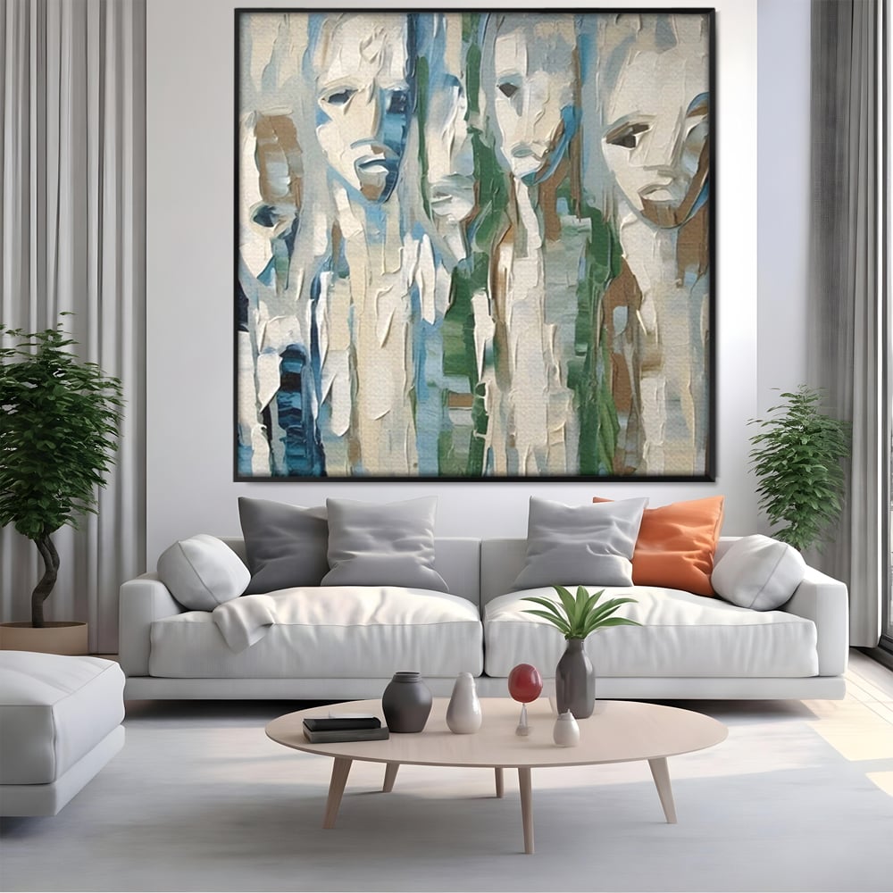Tablou canvas cu tablou canvas cu fete abstracte, in rama de aluminiu negru, pe perete intr-un living